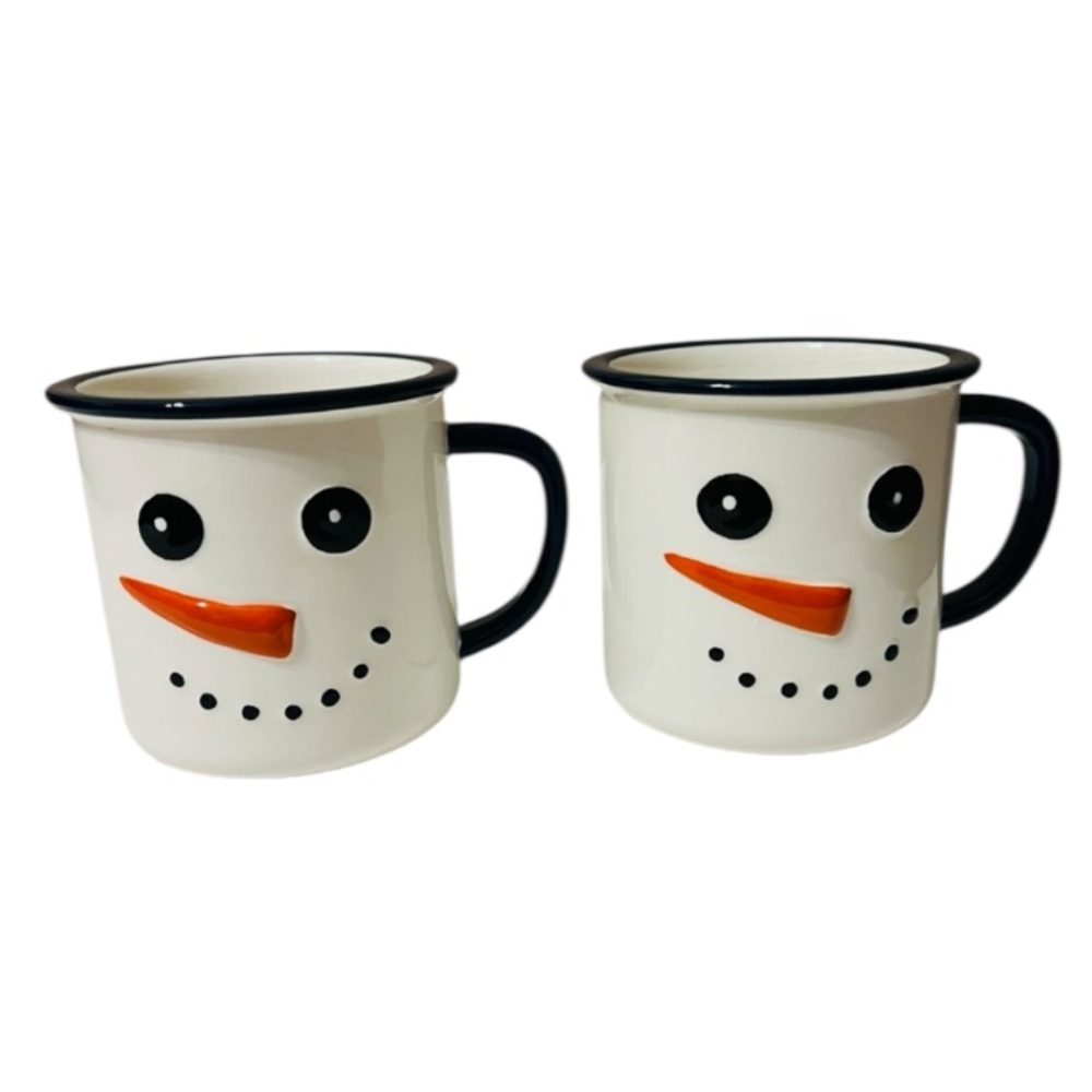 World Market Snowman Ceramic Mugs - White, Blue and Orange. Set of two